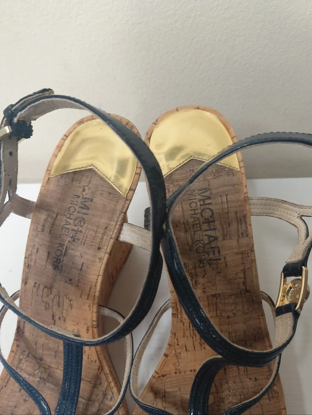 Michael Kors Cicely Navy Leather T-Strap Cork Wedge Sandals